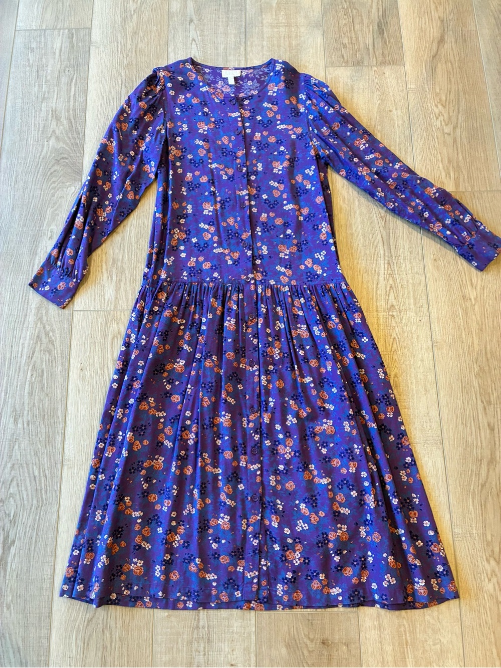 Vintage 80s/90s Komil Purple Prairie Floral Long-Sleeve Maxi Dress Button Up Med